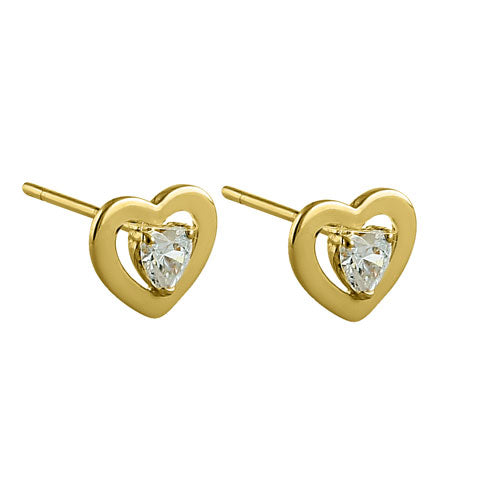 Solid 14K Yellow Gold Double Heart CZ Earrings