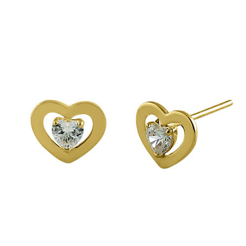 Solid 14K Yellow Gold Double Heart CZ Earrings