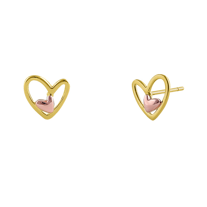 Solid 14K Yellow Gold & Rose Gold Double Heart Earrings