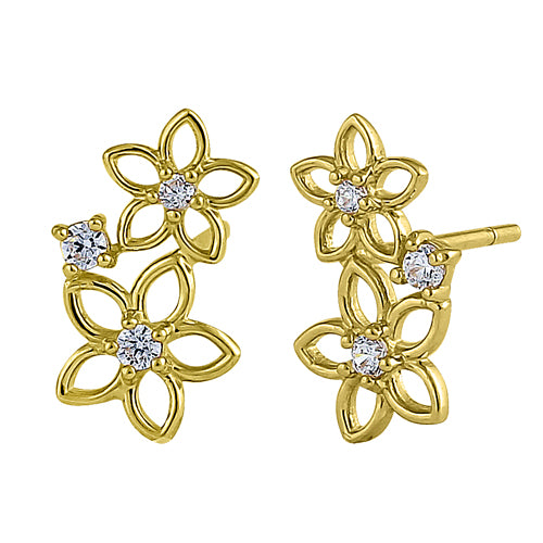 Solid 14K Yellow Gold Blooming Flowers Clear Round CZ Earrings