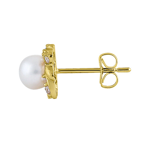 Solid 14K Yellow Gold Treasured Pearl Clear Round CZ Earrings