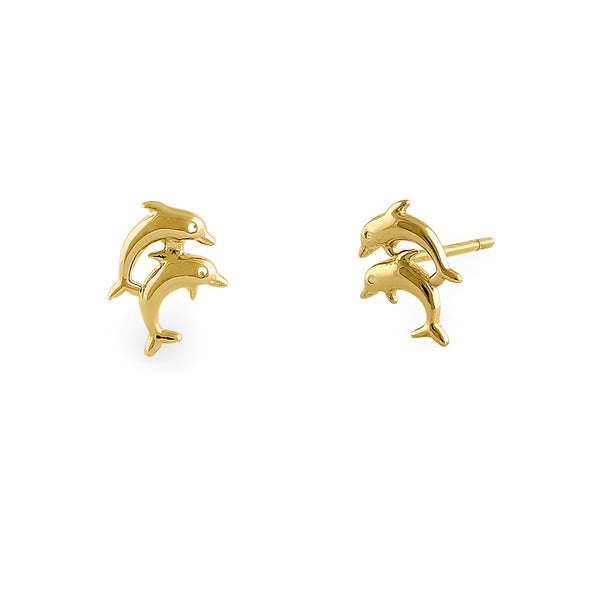 Solid 14K Yellow Gold Twin Dolphin Earrings