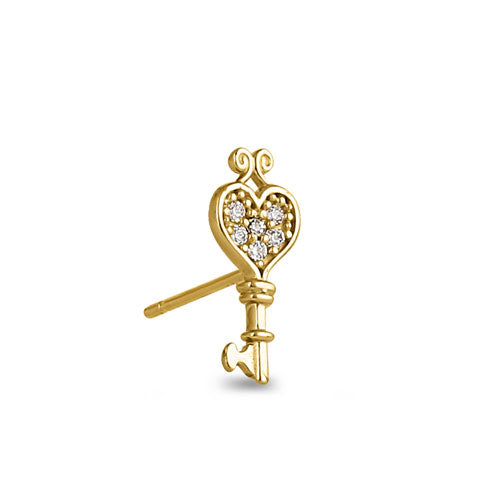 Solid 14K Yellow Gold Key to my Heart CZ Earrings