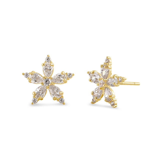 Solid 14K Gold Star Flower CZ Earrings