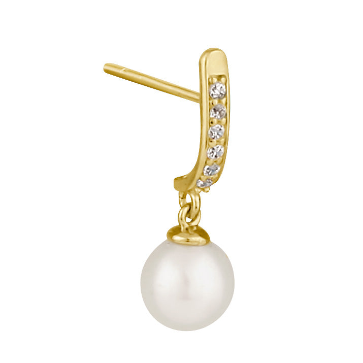 Solid 14K Gold Dangling Fresh Water Pearl and CZ Earrings