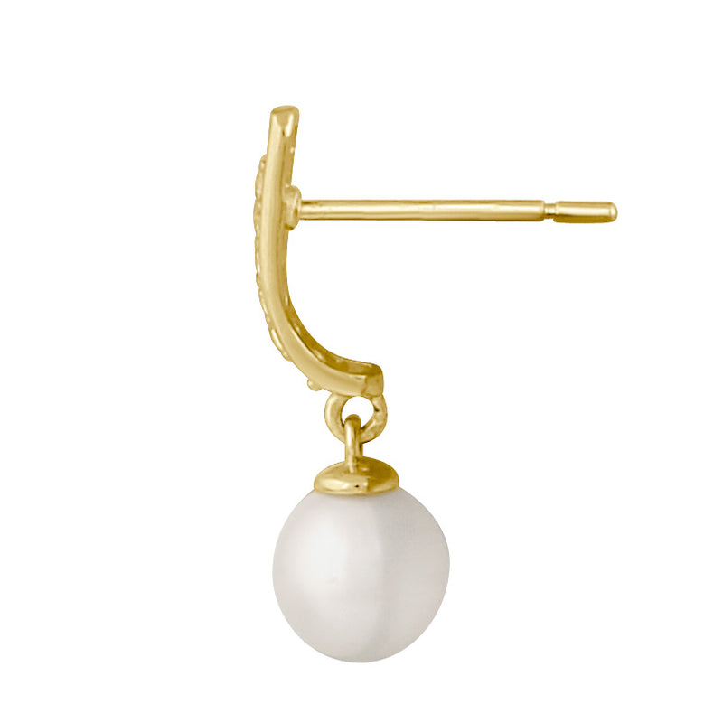 Solid 14K Gold Dangling Fresh Water Pearl and CZ Earrings