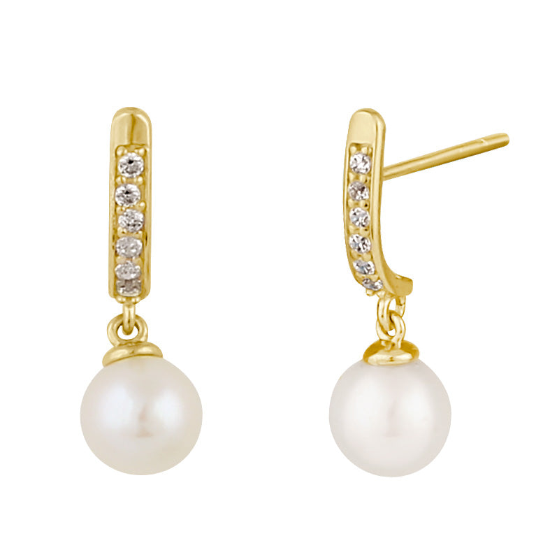 Solid 14K Gold Dangling Fresh Water Pearl and CZ Earrings