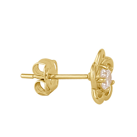 Solid 14K Gold Round Flower CZ Earrings