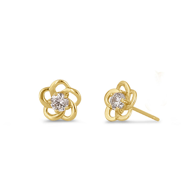 Solid 14K Gold Round Flower CZ Earrings