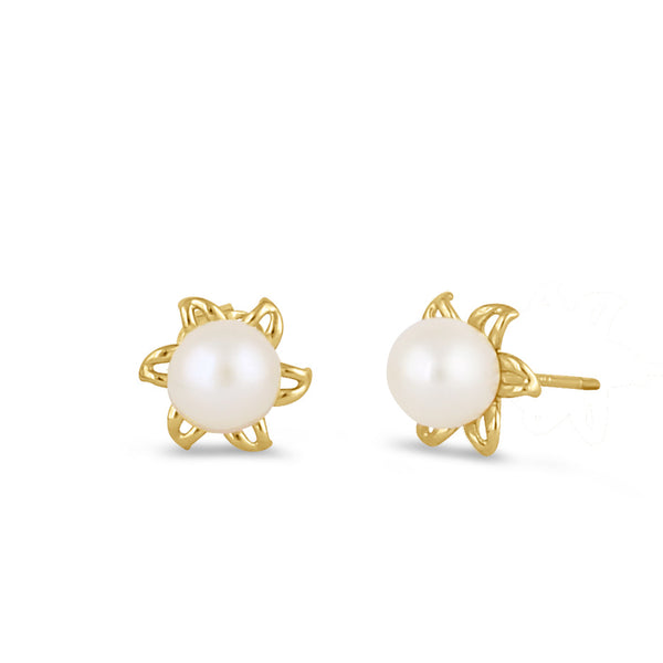 Solid 14K Gold Flower Fresh Water Pearl Earrings