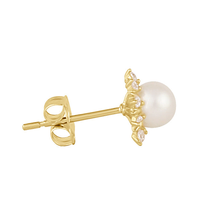 Solid 14K Gold Sun Flower Fresh Water Pearl and CZ Earrings