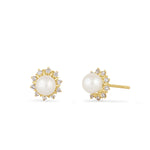 Solid 14K Gold Sun Flower Pearl and CZ Earrings