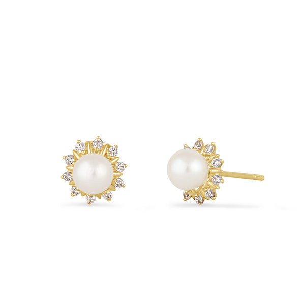 Solid 14K Gold Sun Flower Fresh Water Pearl and CZ Earrings