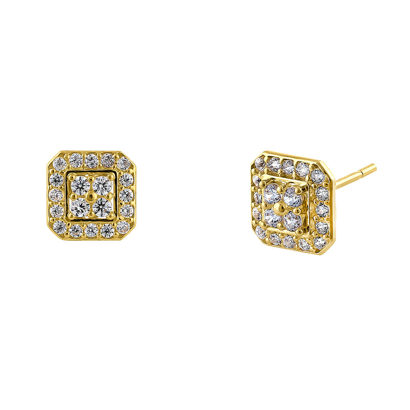 Solid 14K Yellow Gold Squared Halo Round CZ Earrings