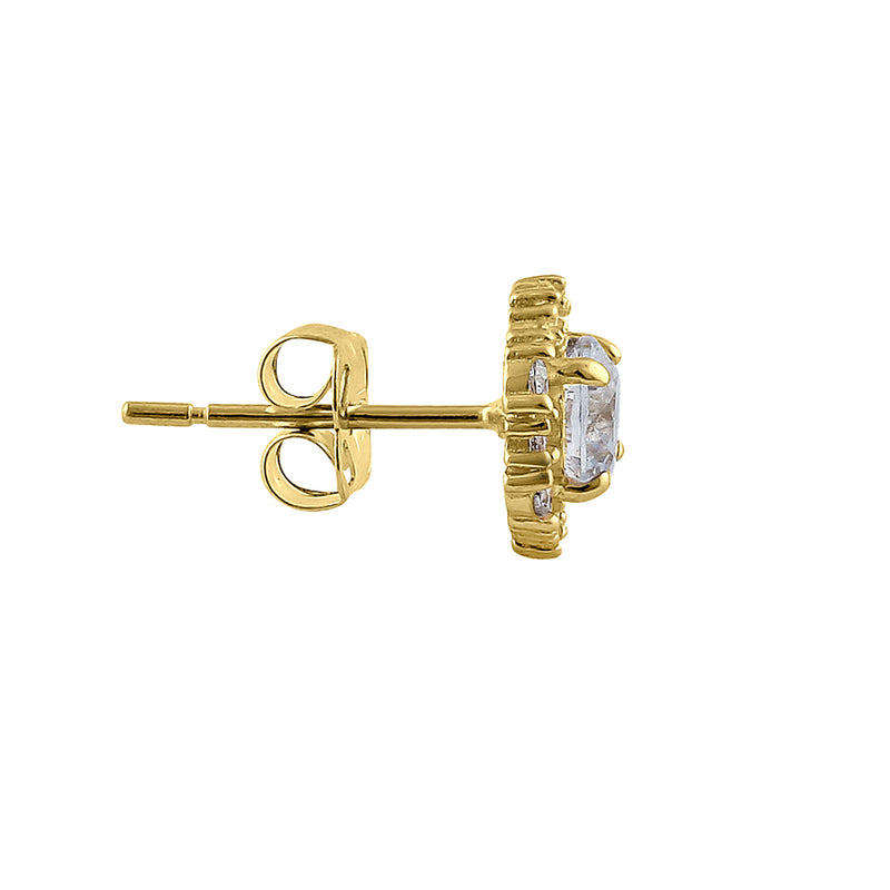 Solid 14K Yellow Gold Flower Halo Round CZ Earrings