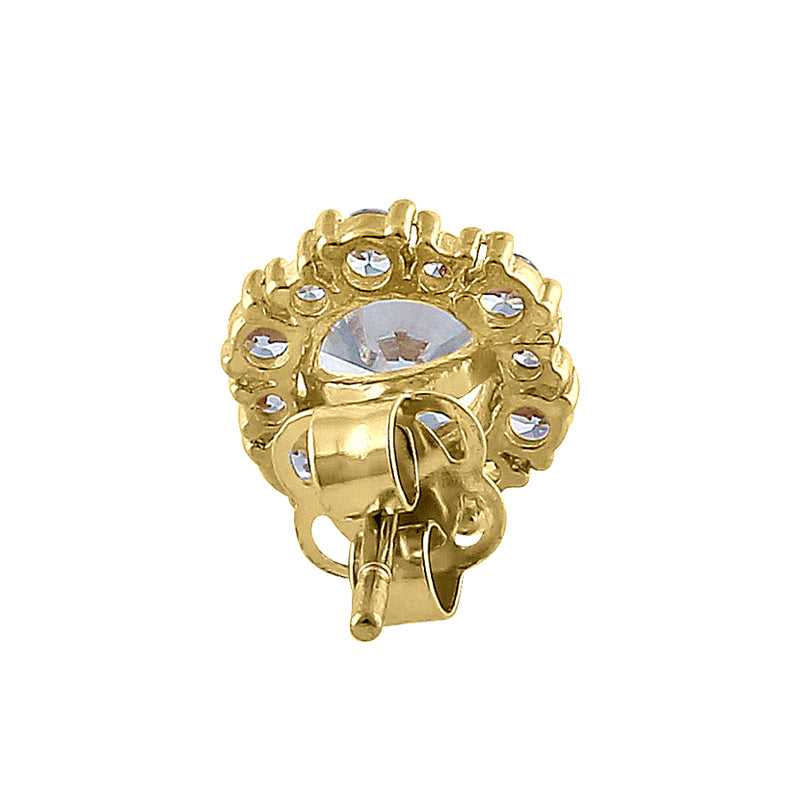 Solid 14K Yellow Gold Flower Halo Round CZ Earrings