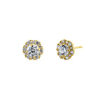 Solid 14K Yellow Gold Flower Halo Round CZ Earrings