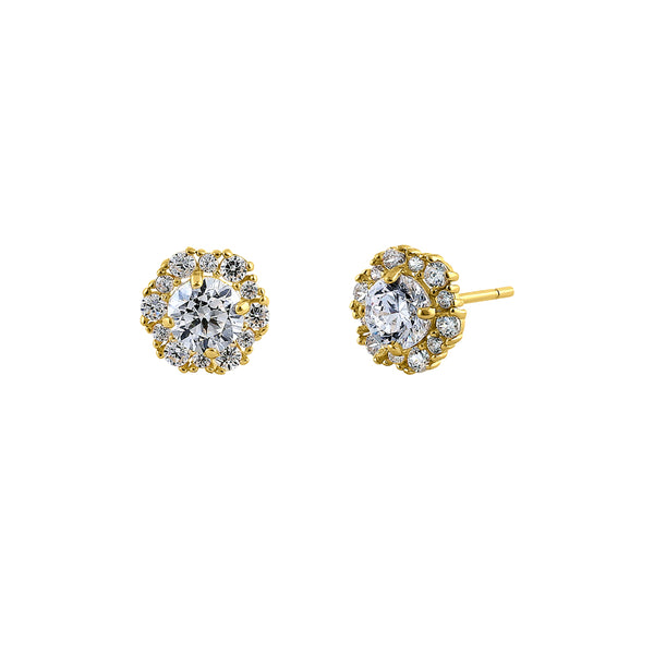 Solid 14K Yellow Gold Flower Halo Round CZ Earrings