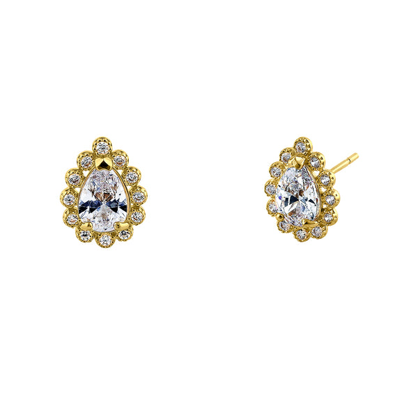 Solid 14K Yellow Gold Halo Pear Cut CZ Earrings