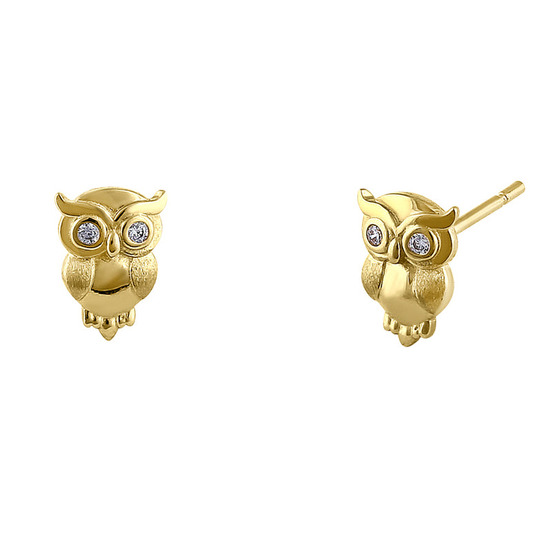 Solid 14K Yellow Gold Owl CZ Earrings