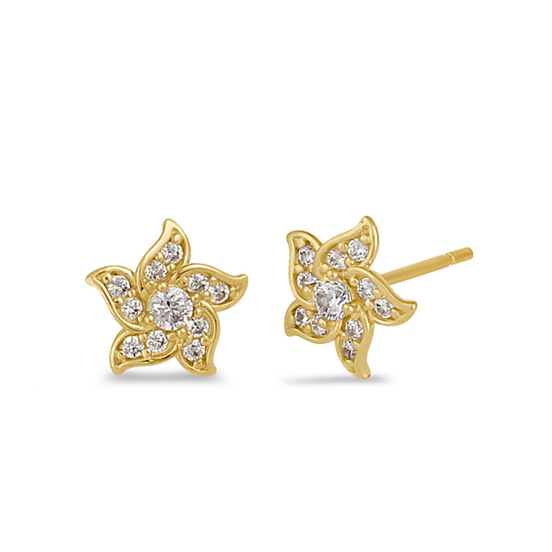 Solid 14K Gold Blowing Flower with CZ Earrings