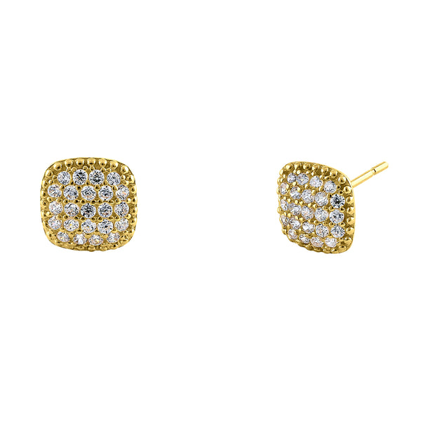 Solid 14K Yellow Gold Squared Pave Round CZ Earrings