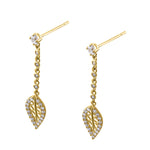 Solid 14K Yellow Gold Leaf CZ Dangle Earrings