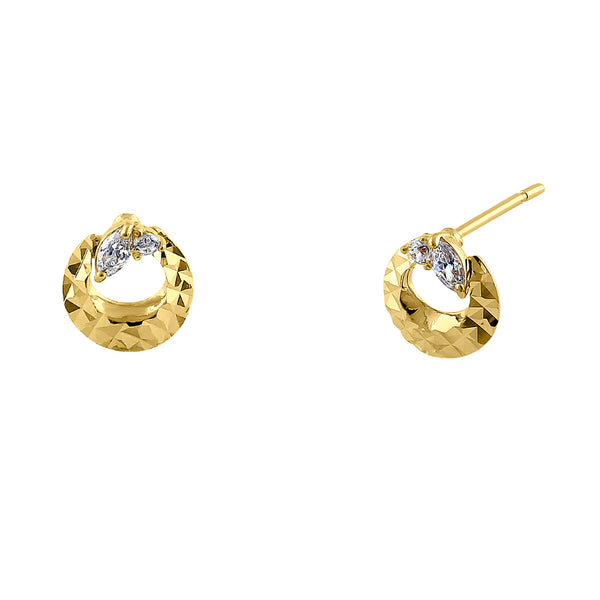 Solid 14K Yellow Gold Crescent Marquise & Round Cut CZ Earrings