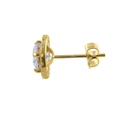 Solid 14K Yellow Gold Simple Halo Round CZ Earrings