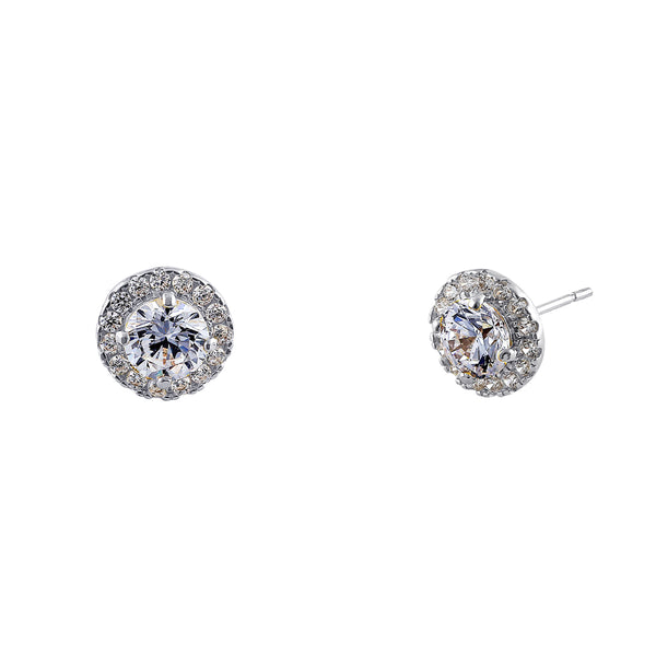 Solid 14K White Gold Simple Halo Round CZ Earrings