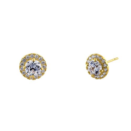 Solid 14K Yellow Gold Simple Halo Round CZ Earrings