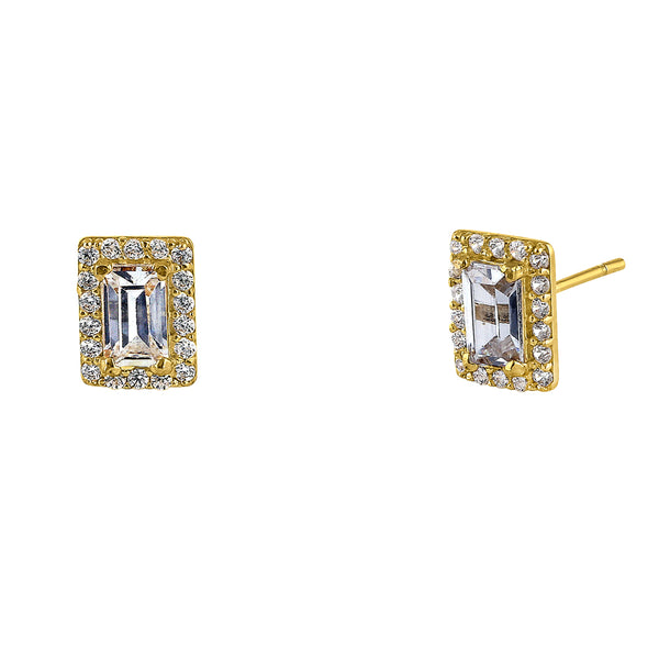 Solid 14K Yellow Gold Halo Baguette Straight CZ Earrings