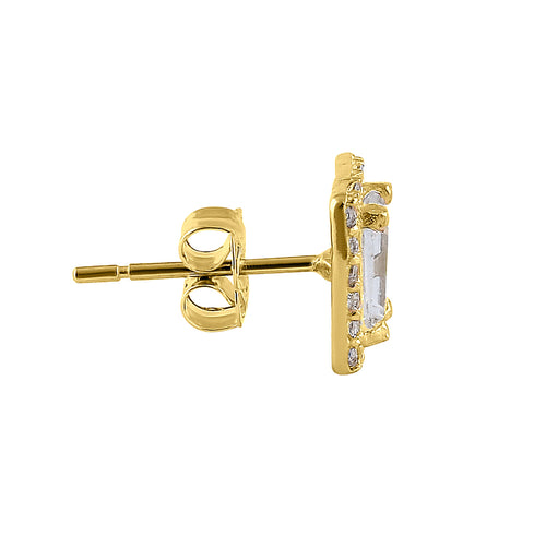 Solid 14K Yellow Gold Halo Baguette Straight CZ Earrings