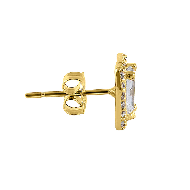 Solid 14K Yellow Gold Halo Baguette Straight CZ Earrings