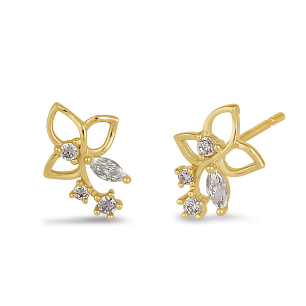 Solid 14K Gold Trillium Flower with Clear CZ Earrings