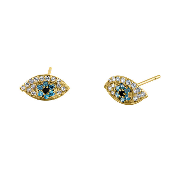 Solid 14K Yellow Gold Evil Eye Blue Topaz & Black CZ Earrings