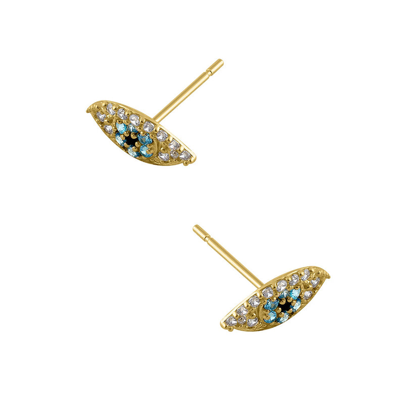 Solid 14K Yellow Gold Evil Eye Blue Topaz & Black CZ Earrings