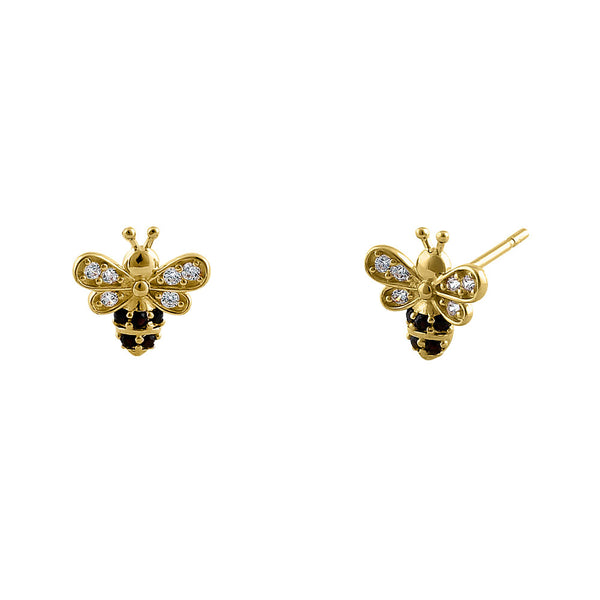 Solid 14K Yellow Gold Honey Bee Black CZ Earrings