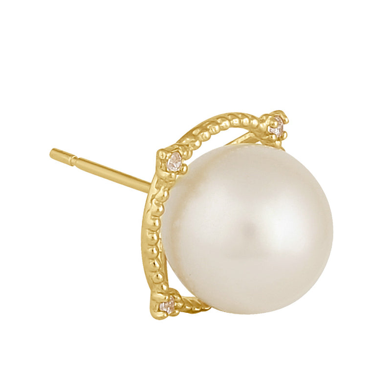 Solid 14K Gold Large Beaded Pearl with Clear CZ Earrings