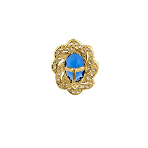 Solid 14K Yellow Gold Blue Sapphire Floral Oval Cut CZ Earrings