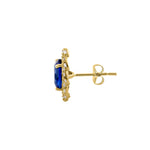 Solid 14K Yellow Gold Blue Sapphire Floral Oval Cut CZ Earrings