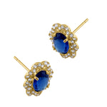 Solid 14K Yellow Gold Blue Sapphire Floral Oval Cut CZ Earrings