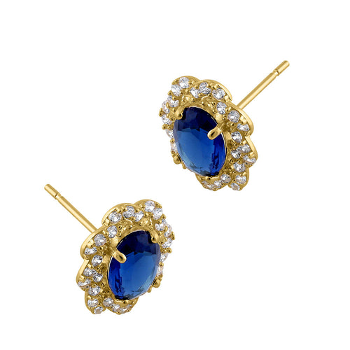 Solid 14K Yellow Gold Blue Sapphire Floral Oval Cut CZ Earrings