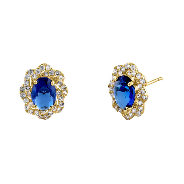 Solid 14K Yellow Gold Blue Sapphire Floral Oval Cut CZ Earrings