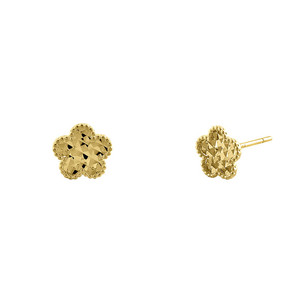 Solid 14K Yellow Gold Faceted Flower Earrings