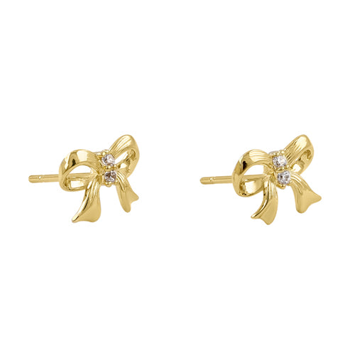 Solid 14K Yellow Gold Dainty Bow CZ Earrings
