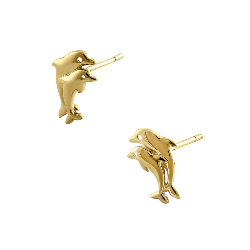 Solid 14K Yellow Gold Twin Dolphin Earrings