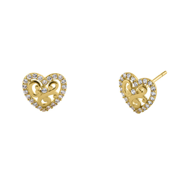 Solid 14K Yellow Gold Valiant Heart CZ Earrings
