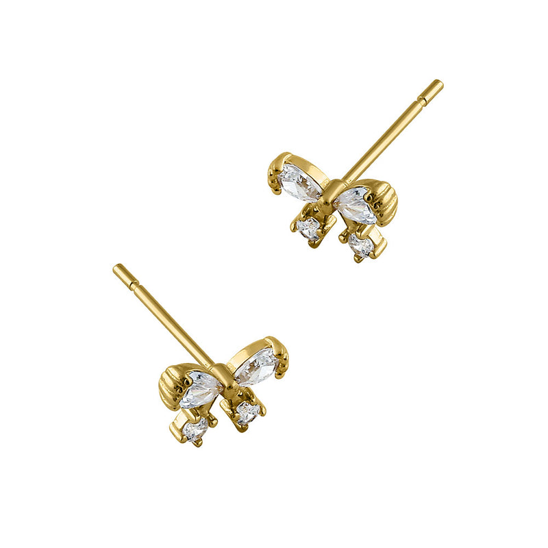 Solid 14K Yellow Gold Pretty Bow CZ Earringss
