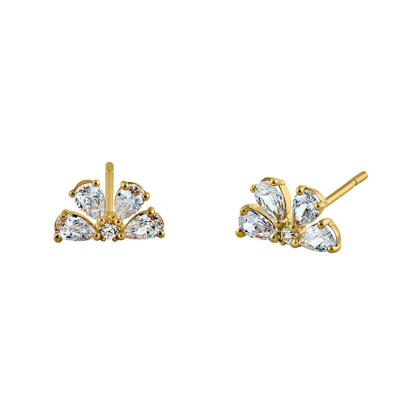 Solid 14K Yellow Gold Half Flower Petal CZ Earrings